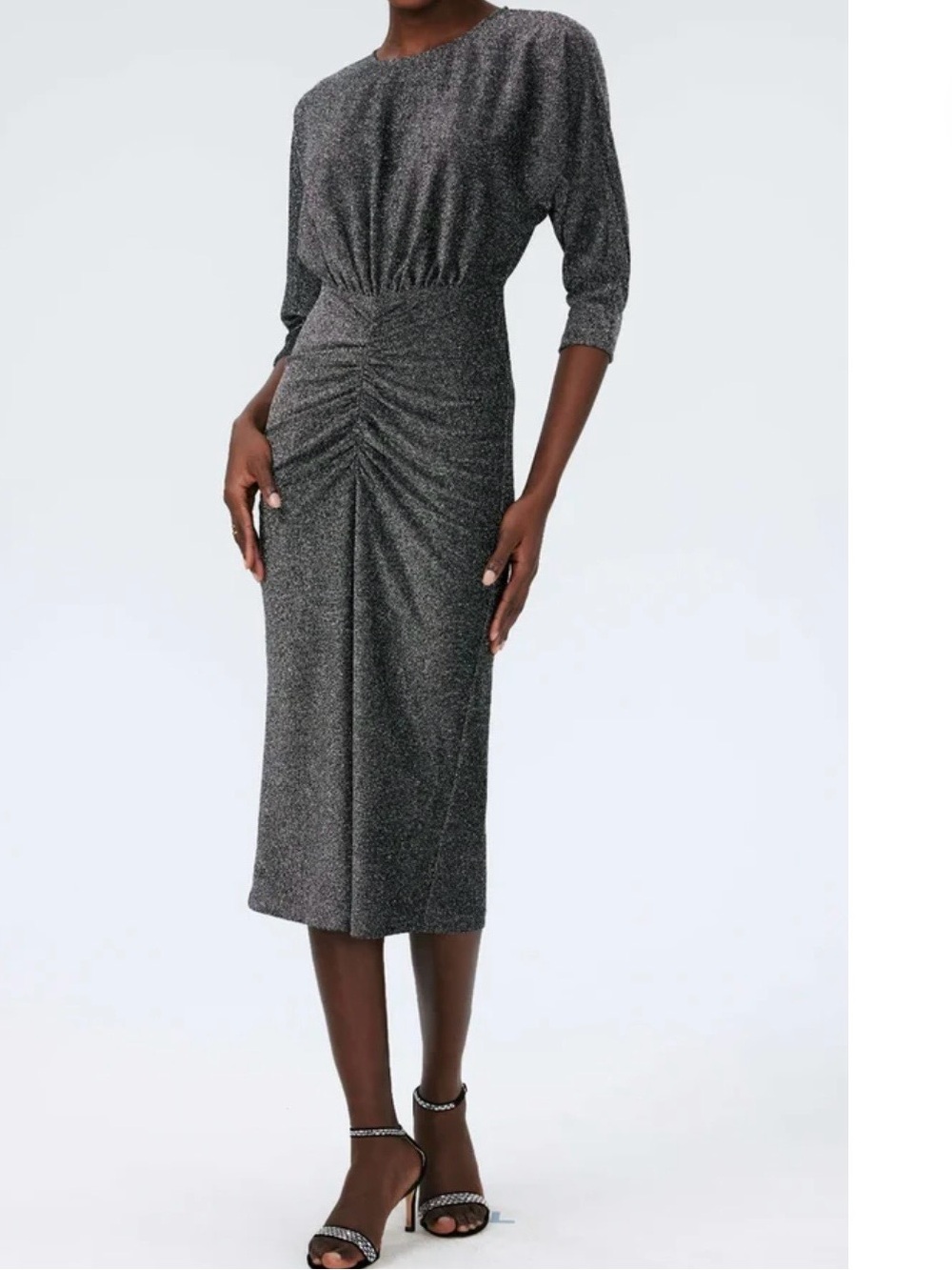Diane Von Furstenberg Chrissy Shimmer Metallic Ruched Midi Dress M